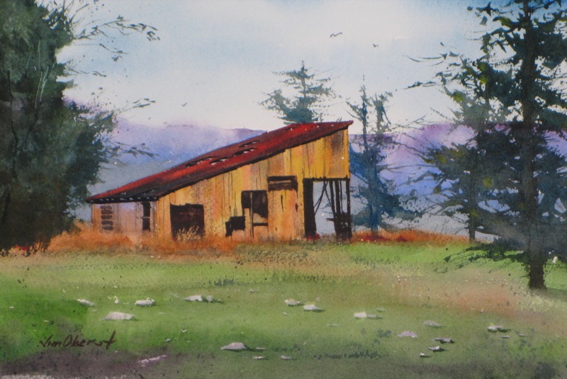 landscape, badlands, south dakota, shed, barn, rural, original watercolor painting, oberst